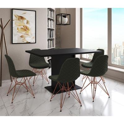 Mesa Jantar Londres Retangular Preta 137X90Cm 6 Cadeiras Estofadas Verde Base Cobre
