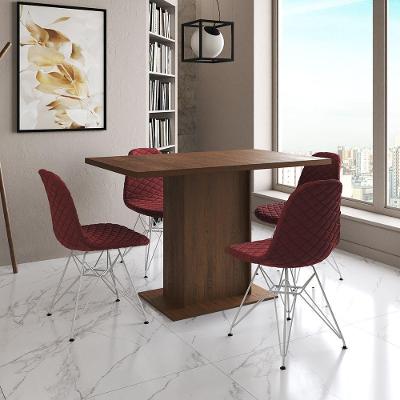 Mesa Jantar Londres Tampo Amêndoa 120Cm 4 Cadeiras Ferro Branco Estofado Vermelho