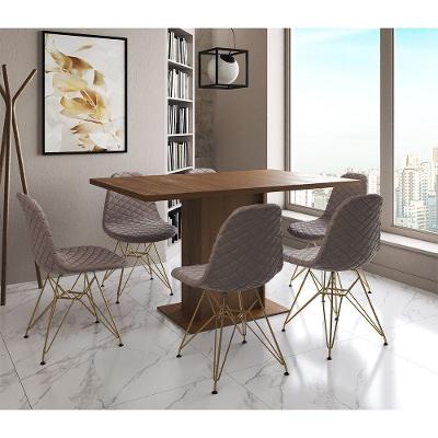 Mesa Jantar Londres Retangular Amêndoa 137X90Cm 6 Cadeiras Estofadas Caramelo Base Dourado