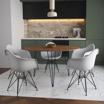 Mesa Jantar Redonda 110Cm Amêndoa Clips 3 Pés Com 5 Poltronas Brancas Ferro Preto Marrom