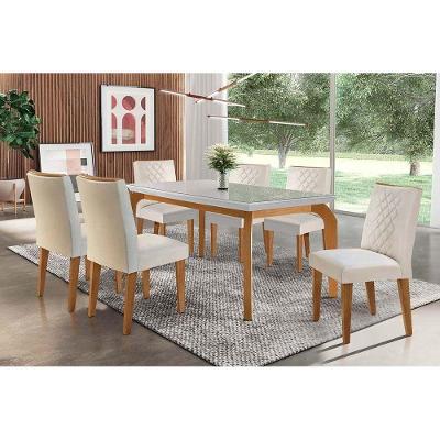 Conjunto: Mesa Sala Jantar Londrina Tampo Madeirado c/ Vidro 180cm + 6 Cadeiras Jade Imbuia/Veludo Creme - Rufato