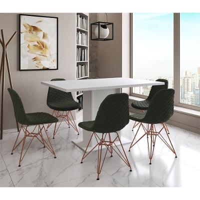 Mesa Jantar Londres Retangular Branca 137X90 6 Cadeiras Estofadas Verde Base Cobre