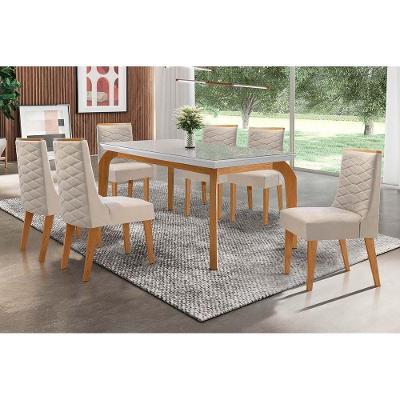 Conjunto: Mesa Sala Jantar Londrina Tampo Madeirado c/ Vidro 180cm + 6 Cadeiras Dafne Imbuia/Veludo Creme - Rufato
