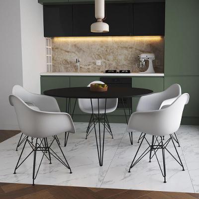 Mesa Jantar Redonda 110Cm Preta Clips 3 Pés Com 5 Poltronas Brancas Ferro Preto Marrom