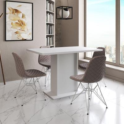 Mesa Jantar Londres Tampo Branco 120Cm 4 Cadeiras Ferro Branco Estofado Nude Médio