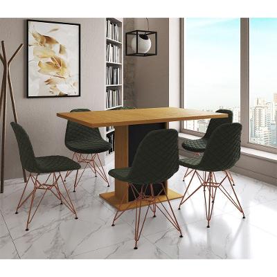 Mesa Jantar Londres Retangular Canela 137X90 Base Preta 6 Cadeiras Estofadas Verde Base Cobre