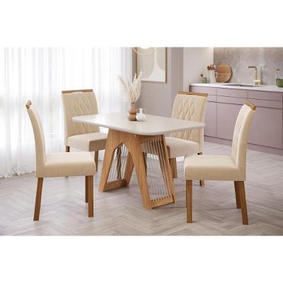 Sala de Jantar Completa Carol C/ Tampo Vidro 130cm + 4 Cadeiras Nature Off White Madeira Nude