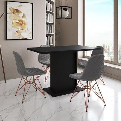 Mesa Jantar Londres Tampo Preto 120Cm 4 Cadeiras Base Cobre Estofado Grafite