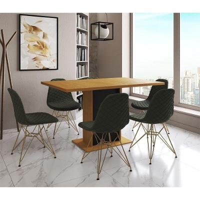 Mesa Jantar Londres Retangular Canela 137X90 Base Preta 6 Cadeiras Estofadas Verde Base Dourado