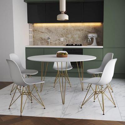 Mesa Jantar Redonda 110Cm Branca Clips 3 Pés Com 5 Cadeiras Eames Eiffel Brancas Base Dourada