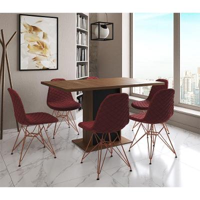 Mesa Jantar Londres Retangular Amêndoa 137X90 Base Preta 6 Cadeiras Estofadas Vermelho Base Cobre