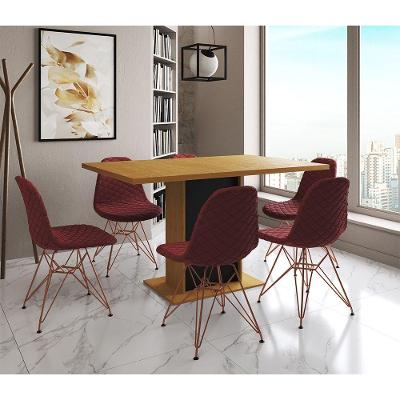 Mesa Jantar Londres Retangular Canela 137X90 Base Preta 6 Cadeiras Estofadas Vermelho Base Cobre