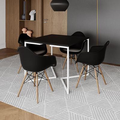 Mesa Jantar Industrial Quadrada 90Cm Preta Base V Ferro Branco Com 4 Poltronas Pretas M Marrom