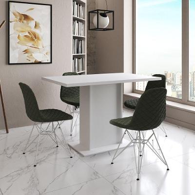 Mesa Jantar Londres Tampo Branco 120Cm 4 Cadeiras Ferro Branco Estofado Verde