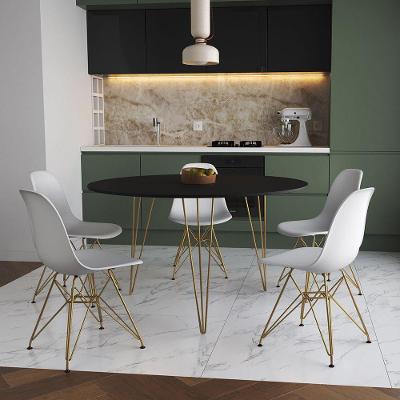 Mesa Jantar Redonda 110Cm Preta Clips 3 Pés Com 5 Cadeiras Eames Eiffel Brancas Base Dourada