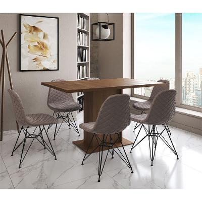 Mesa Jantar Londres Retangular Amêndoa 137X90Cm 6 Cadeiras Estofadas Nude Médio Ferro Preto