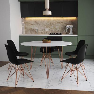 Mesa Jantar Redonda 110Cm Branca Clips 3 Pés Com 5 Cadeiras Eames Eiffel Pretas Base Cobre
