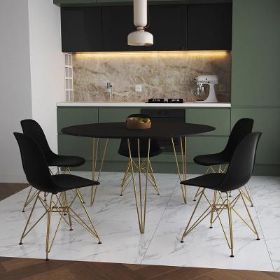 Mesa Jantar Redonda 110Cm Preta Clips 3 Pés Com 5 Cadeiras Eames Eiffel Pretas Base Dourada
