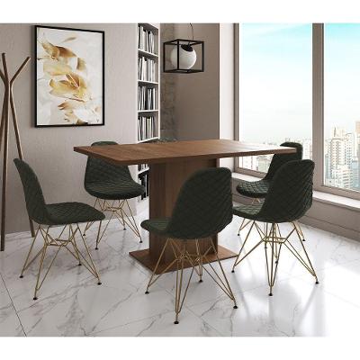 Mesa Jantar Londres Retangular Amêndoa 137X90Cm 6 Cadeiras Estofadas Verde Base Dourado