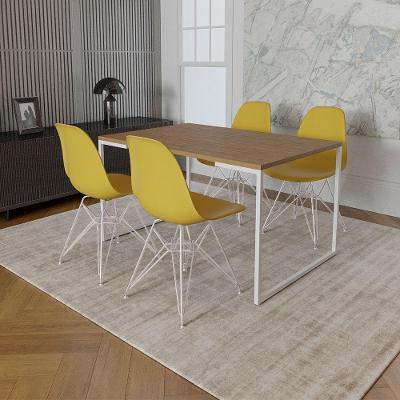Mesa Industrial Base Ferro Branco 137X90 Tampo Amêndoa 4 Cadeiras Eiffel Ferro Branco Assento Amarel