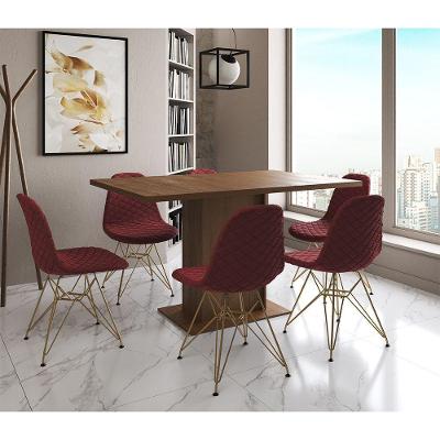 Mesa Jantar Londres Retangular Amêndoa 137X90Cm 6 Cadeiras Estofadas Vermelho Base Dourado