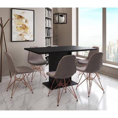 Mesa Jantar Londres Retangular Preta 137X90Cm 6 Cadeiras Estofadas Nude Médio Base Cobre