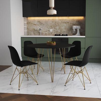 Mesa De Jantar Redonda 90Cm Preta Clips 3 Pés Com 4 Cadeiras Eames Eiffel Pretas Base Dourada