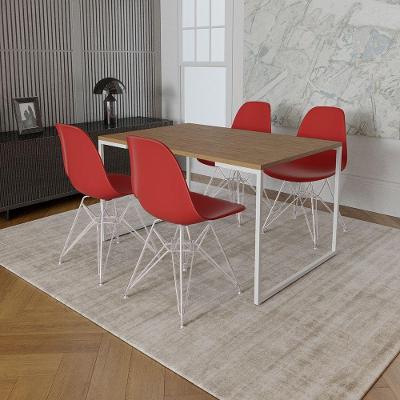 Mesa Industrial Base Ferro Branco 137X90 Tampo Amêndoa 4 Cadeiras Eiffel Ferro Branco Assento Vermel