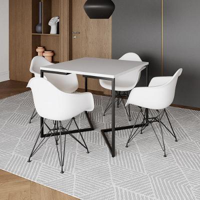 Mesa Industrial Jantar Quadrada Branca 90Cm Base V Com 4 Poltronas Brancas Ferro Preto Marrom