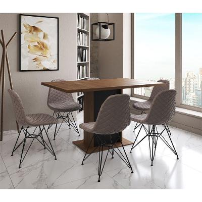 Mesa Jantar Londres Retangular Amêndoa 137X90 Base Preta 6 Cadeiras Estofadas Nude Médio Ferro Preto