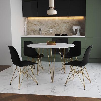 Mesa De Jantar Redonda 90Cm Branca Clips 3 Pés Com 4 Cadeiras Eames Eiffel Pretas Base Dourada
