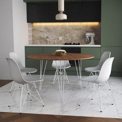 Mesa Jantar Redonda 110Cm Amêndoa Clips 3 Pés Com 5 Cadeiras Eames Eiffel Brancas Ferro Branco