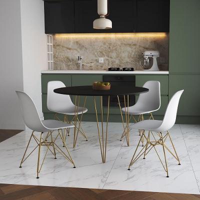 Mesa De Jantar Redonda 90Cm Preta Clips 3 Pés Com 4 Cadeiras Eames Eiffel Brancas Base Dourada