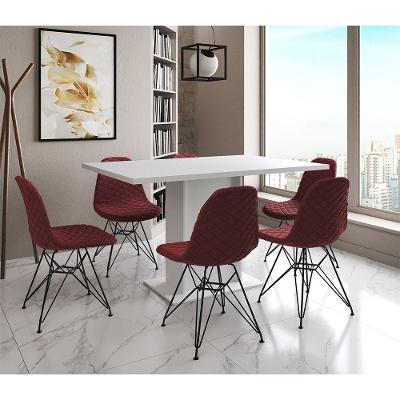 Mesa Jantar Londres Retangular Branca 137X90 6 Cadeiras Estofadas Vermelho Ferro Preto