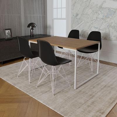 Mesa Industrial Base Ferro Branco 137X90 Tampo Amêndoa 4 Cadeiras Eiffel Ferro Branco Assento Preto