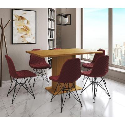 Mesa Jantar Londres Retangular Canela 137X90Cm 6 Cadeiras Estofadas Vermelho Ferro Preto