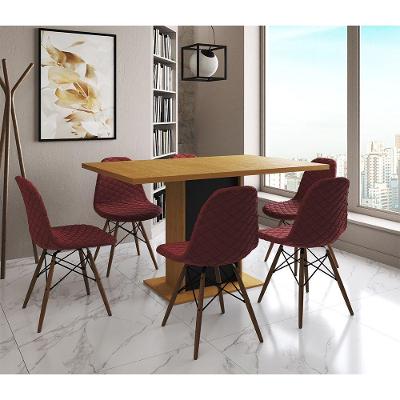 Mesa Jantar Londres Retangular Canela 137X90 Base Preta 6 Cadeiras Estofadas Vermelho Madeira