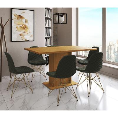 Mesa Jantar Londres Retangular Canela 137X90Cm 6 Cadeiras Estofadas Verde Base Dourado