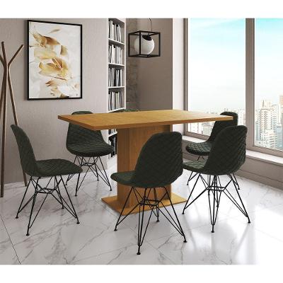 Mesa Jantar Londres Retangular Canela 137X90Cm 6 Cadeiras Estofadas Verde Ferro Preto