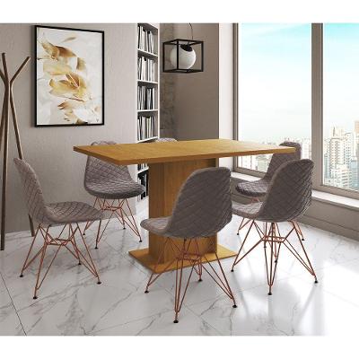 Mesa Jantar Londres Retangular Canela 137X90Cm 6 Cadeiras Estofadas Nude Médio Base Cobre