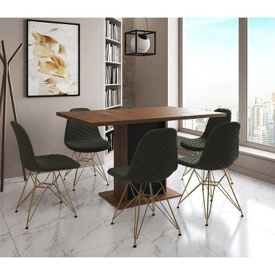 Mesa Jantar Londres Retangular Amêndoa 137X90 Base Preta 6 Cadeiras Estofadas Verde Base Dourado