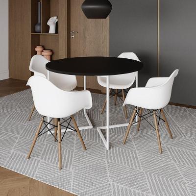 Mesa Jantar Industrial Preta 110Cm Redonda Base V Ferro Branco Com 4 Poltronas Brancas Madeir Marrom