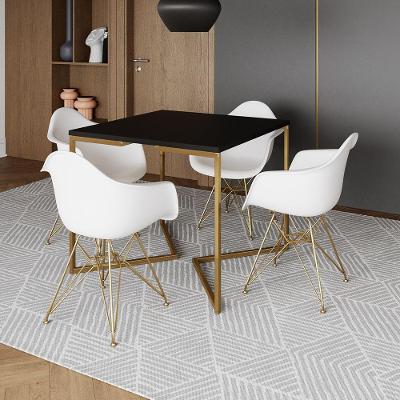 Mesa Jantar Industrial Quadrada 90Cm Preta Base V Com 4 Poltronas Daw Brancas Base Dour Marrom
