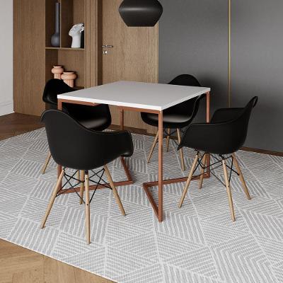Mesa Industrial Jantar Branca Quadrada 90Cm Base Cobre V Com 4 Poltronas Pretas Madeira Marrom