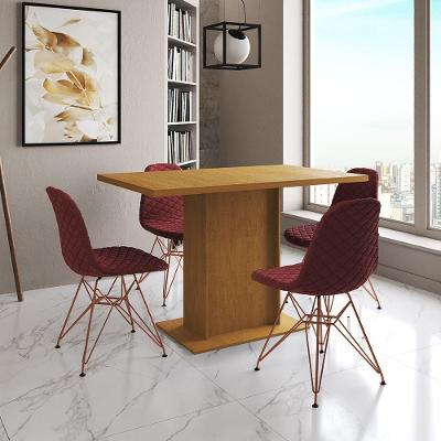 Mesa Jantar Londres Tampo Canela 120Cm 4 Cadeiras Base Cobre Estofado Vermelho