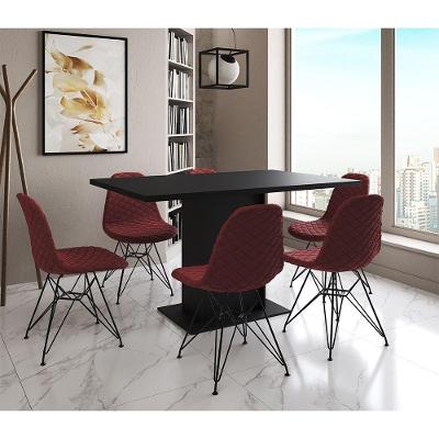 Mesa Jantar Londres Retangular Preta137X90Cm 6 Cadeiras Estofadas Vermelho Ferro Preto