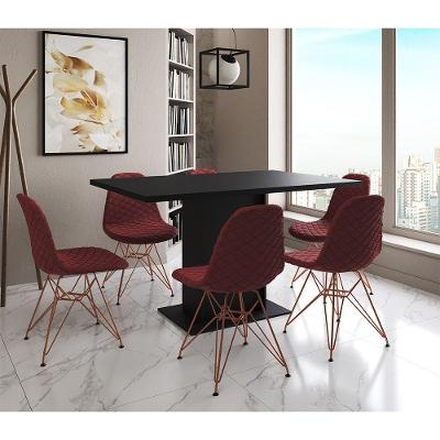 Mesa Jantar Londres Retangular Preta137X90Cm 6 Cadeiras Estofadas Vermelho Base Cobre