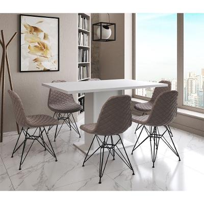 Mesa Jantar Londres Retangular Branca137X90 6 Cadeiras Estofadas Nude Médio Ferro Preto
