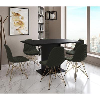 Mesa Jantar Londres Retangular Preta 137X90Cm 6 Cadeiras Estofadas Verde Base Dourado