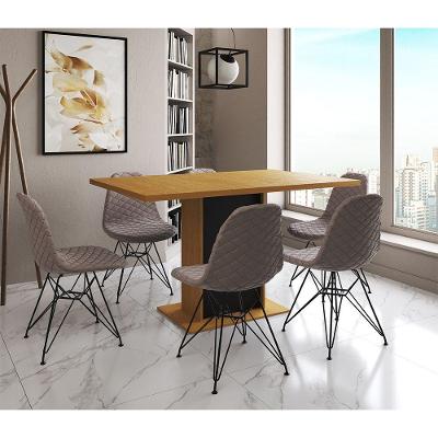 Mesa Jantar Londres Retangular Canela 137X90 Base Preta 6 Cadeiras Estofadas Nude Médio Ferro Preto